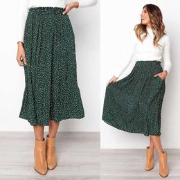 White Dots Floral Print Pleated Midi Skirt Women Elastic High Waist Side Pockets Skirts Summer Elegant Female Bottom 210527