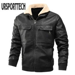 URSPORTTECH Mens Leather Jacket Winter Casual Thick Fleece Men Motorcycle PU Jacket Biker Leather Coats Fur Collar Multi-pockets 210528