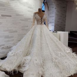 Customised luxury see-through wedding dress A-line long-sleeved feather applique beaded banquet host