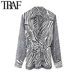 TRAF Women Fashion With Bow Tied Zebra Print Blouses Vintage Long Sleeve Animal Pattern Female Shirts Chic Tops 210415