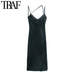 TRAF Women Fashion With Draped Side Slit Velvet Midi Dress Vintage Back Asymmetric Thin Straps Female Dresses Mujer 210415