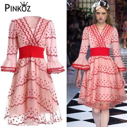 Vintage Dress Summer Fashion Design Women Mesh Flower Embroidery Lace Flare Sleeve V-Neck Knee-length Dresses 210421