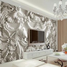 Wallpapers Custom Any Size Mural White Classic European Embossed 3D Stereo Living Room TV Background Self Adhesive Wallpaper Waterproof