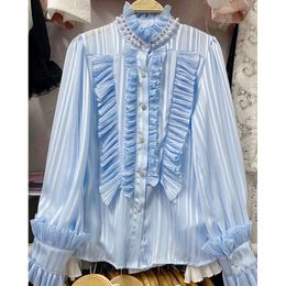 Spring Autumn fashion women's stand collar ruffles patchwork rhinestone beading long sleeve satin blouse shirt SMLXL