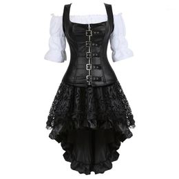 Bustiers & Corsets Plus Size 6XL Steampunk Corset Dress For Women Three-piece Leather With Skirt And Renaissance Shirt Gothic Pirate Costume