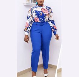 Women Two Pieces Set Printed Blouse Tops High Waist Pants Office Ladies Work Wear Spring Summer Fashion Classy Elegant Suits 210416