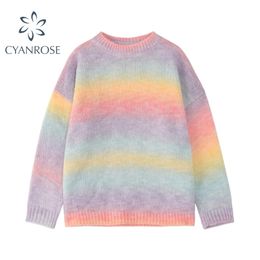 Autumn Long Sleeve Knit Sweater Women Korean Harajuku Loose Jumper Pullover Rainbow Striped Bottom Knitwear Tops 210515