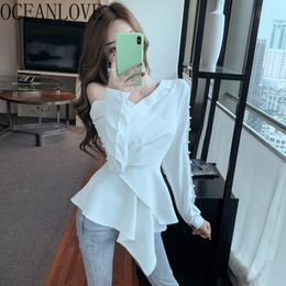 Sexy Irregular Women Blouses Beading Solid Ruffles Elegant Korean Blusa Skew Collar Off Shoulder Ropa Mujer 14892 210415