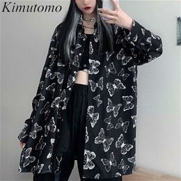 Kimutomo Spring Vintage Blouse Women Hong Kong Style Cartoon Butterfly Turn-down Collar Long Sleeve Shirt Streetwear Loose 210521