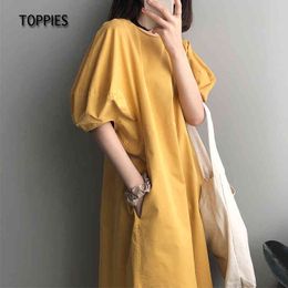 Toppies Summer Bubble Sleeve Midi Dress Woman Side Pockets Round Neck Dress A-line 210412