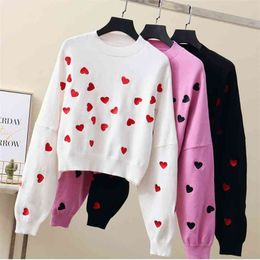 Autumn Winter Korean Fashion Pink Pull Femme Print Heart Clothes Embroidery Short Knitted Sweater Pullover Tops 210514