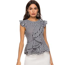 Summer Tops Lady Sleeveless Black Plaid Blouses Shirts Ruffles Trim Woman Vintage Gingham Blusas Plus Size Retro Peplum 210527