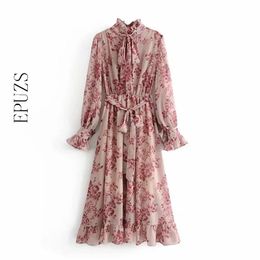bohemian Floral Print Pleated vintage Dress Women long dress winter sashes Long Sleeve boho korean Vestidos 210521