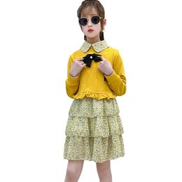 Kids Clothes Big Bow Suit For Girls Sweater + Dress Girl Clothing Floral Pattern Children's 6 8 10 12 14 210527