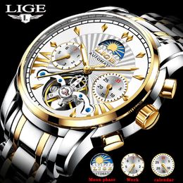 Montre Homme LIGE Fashion Mens Watches Top Brand Luxury Automatic Mechanical Watch Men Waterproof Skeleton Clock 210527