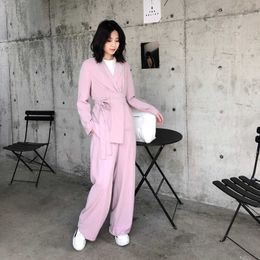2 Piece Set Women Suits Summer Thin Fashion Pink Colour Office OL Jacket Sash Blazer + Long Wide Leg Pants Suit Streetwear 210608
