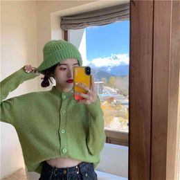 Stand Collar Lazy Knit Cardigan Sweater Women Loose Long Sleeve Solid Colour Simple Fashion Single Breasted Female Spring 210427