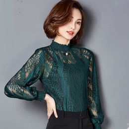 Women's Spring Autumn Style Lace Blouses Shirt Solid Color Turtleneck Hollow Patchwork Slim Tops DF3843 210609