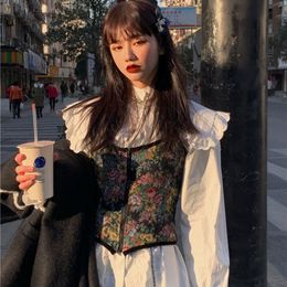 Casual White Puff Long Sleeve Sailor Collar Blouse Women Lace Ruffles Shirts + Vintage Floral Camisole Tops Sexy Plus Size 210429