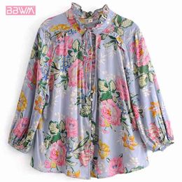 Autumn National Wind Floral Seven-point Sleeve Female Shirt Korean Version of The Loose Tie V-neck Women's Shirt Tops 210507