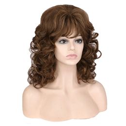 Long Black Brown Gloden Wavy Wig with Neat bangs Synthetic Hair Highlights Cosplay Heat Resistant Wigs for Womenfactory direct