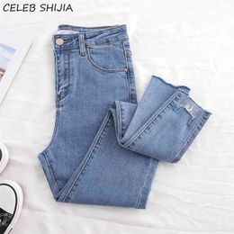 Chic Ripped Cut Jean High Waist Elastic Denim Pencil Pants Female Clothes Mom Blue Black Summer Skinny for Woman 210809