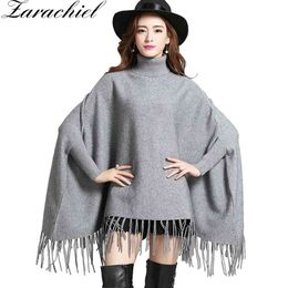 Tassel Knitted Sweater Women Cashmere Pullover Casual Loose Long Shawl Cape Cloak Sleeve Winter Pull Femme Jumper Coat 210416