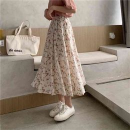 Vintage Floral Print A-line Pleated Long Skirts Summer Women Korean Skirt Streetwear Drawstring Elastic Waist Midi Skirt 210408