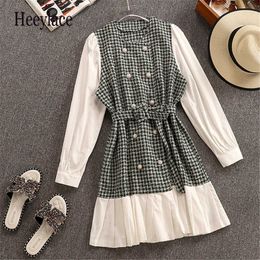 Patchwork Plaid Tweed Simple O-Neck Long Sleeve Double Breasted Ruffles High Waist Dress Women Fashion Autumn Office Work Dress Y1006