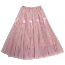 Skirts 2021 Spring And Summer Sweet Feather Flower Mesh Skirt Elastic Waist Long Girl Princess Female Womens