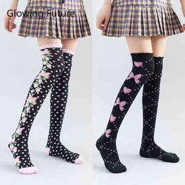 Lolita Cute Lace Flower Thigh High Socks Japanese Cartoon Girl Comfortable Knee High Socks Cotton Fall Winter Long Socks Women Y1119