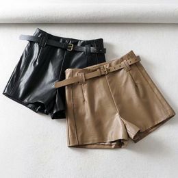 Women's Shorts Women Stylish PU Leather Black Side Zipper Belt Design Female Casual Chic Solid Pantalones Cortos