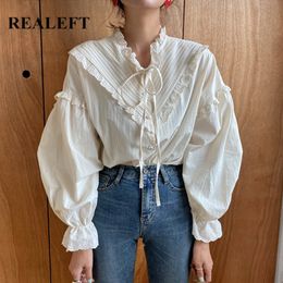 Spring Lace Crochet Patchwork Women's Shirts Female Blouse Lantern Sleeve V-Neck Korean OL Style Women Blouses 210428