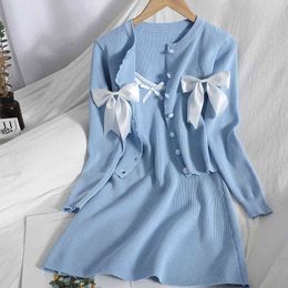 Spring Bow two piece sets summer casual thin cardigan with a top Slim bag hip sling dress bowknot knitted two-piece suit 210420