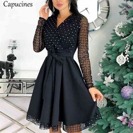 Capucines New Shiny Sequin Mesh Stitching Woman Dress Spring Autumn Long Sleeve A Line Belted Ladies Elegant Party Dresses 210409