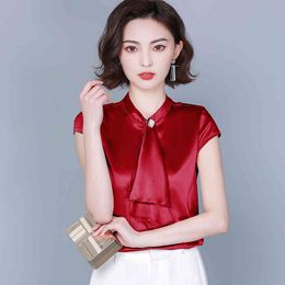 Korean Women Blouses Silk Shirts for Woman Solid Satin Tops Plus Size Elegant Bow Tie OL 210427