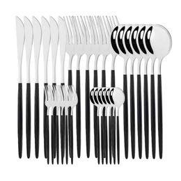30Pcs Black Silver Dinnerware Set Stainless Steel Knife Cake Fork Spoon Cutlery Kitchen Tableware Flatware Wholesale 210928