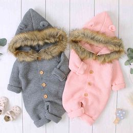 Autumn Winter Baby Boys Girls Pure Color Hooded Rompers Clothes Children Boy Girl Kids Knitting Long Sleeve 210429