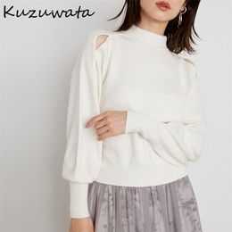 Kuzuwata Autumn Winter Sweet Sweater Solid Mock Neck Off Shoulder Lantern Sleeve Knnited Pullover Japanese Women Jumper 211011