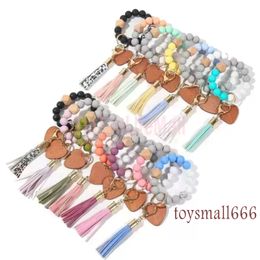 14 Colors Valentines Day Love Wood Chip Silicone Bead Bracelet Keychain Party Favor Wristlet Key Chain Tassels Handchain Keys Ring SXJ9