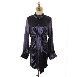 Navy Blue Apricot Turn Down Collar Ruched Single-breasted Empire Lace-up Shirt Mini Dress D2083 210514
