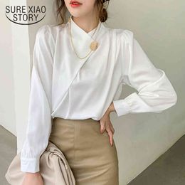 Office Lady Stand Collar Solid Shirts Elegant Chiffon Women Blouse and Tops Puff Sleeve Female Clothing 13105 210415