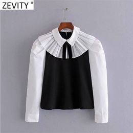 Women Sweet Bow Decoration Black White Patchwork Smock Blouse Office Ladies Pleated Casual Shirts Chic Blusas Tops LS7418 210416