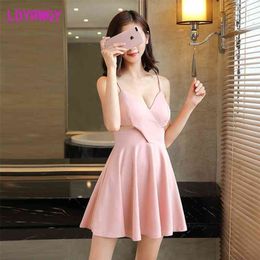 sexy low-cut a swing strap nightclub deep v slim dress Knee-Length V-Neck Sleeveless 210416