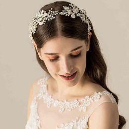 Jonnafe Silver Colour Leaf Bridal Tiara Headband Women Prom Crown Pearls Jewellery Crystal Wedding Headpiece Hair Acccessories