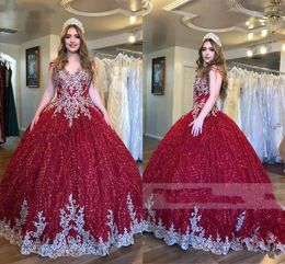 2022 Glittery Tulle Quinceanera Dress A-line Burgundy Gold Appliques Beading Sheer Cap Short Sleeves Sweetheart Prom Sweet 16 Dresses Formal Gowns