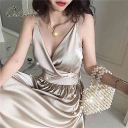 Summer Women Satin Party Sexy Spaghetti Strap Silk Long Slip Dress 210415