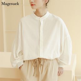 Koraen Lantern Long Sleeve Top Women Cotton White Blouses Casual Single Breasted Cardigan Harajuku Shirt Blusas 11504 210512