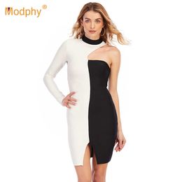 Spring Fashion Contrast Bandage Women'S Dress Sexy One-Shoulder Bodycon Club Celebrity Evening Party Runway Vestidos 210527