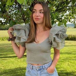Organza Puff Sleeve Vintage Short Blouse Tops Women Knitted V Neck Crop Fashion Boho Clothing Green 210427